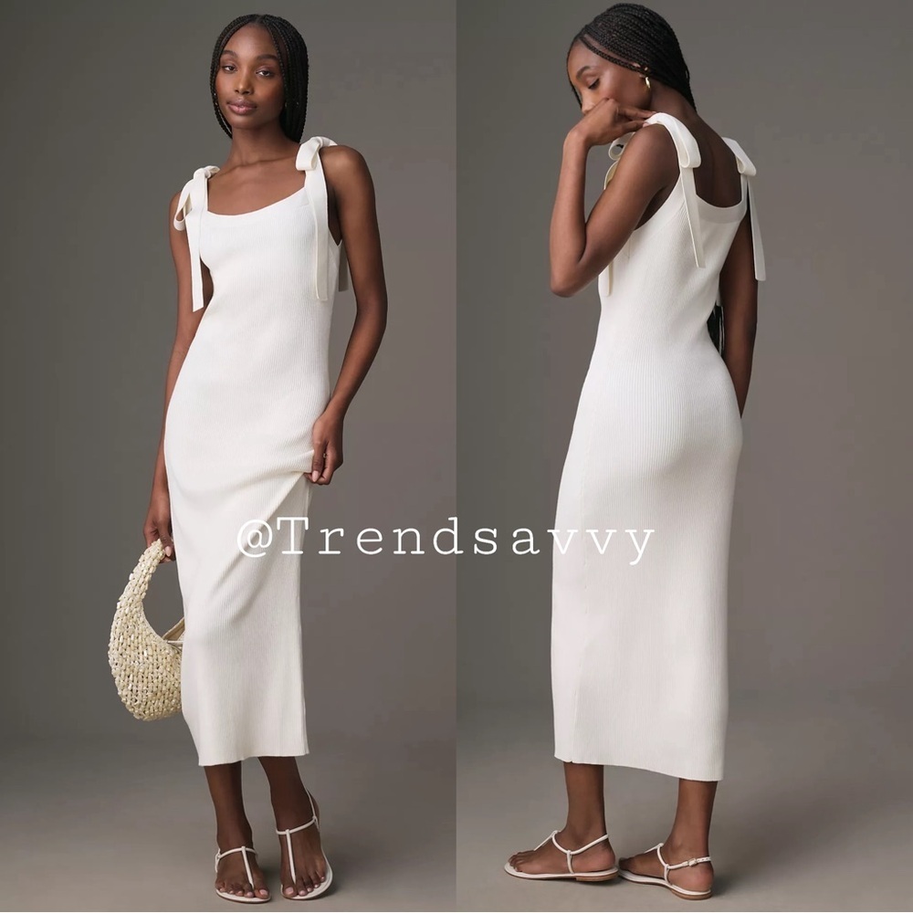 Anthropologie Endless Rose White Tie Shoulder Bodycon Midi Dress Summer Resort S